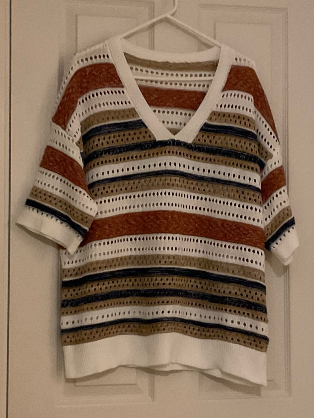 V-Neck Striped Open-Knit Sweater - White, Rust & Tan & Navy